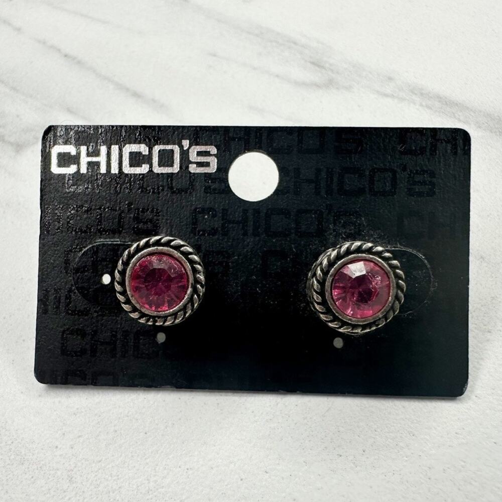 Chico's Pink Rhinestone Stud Earrings Silver Tone ✨